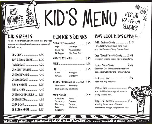 Lunch Menu Template For Kids